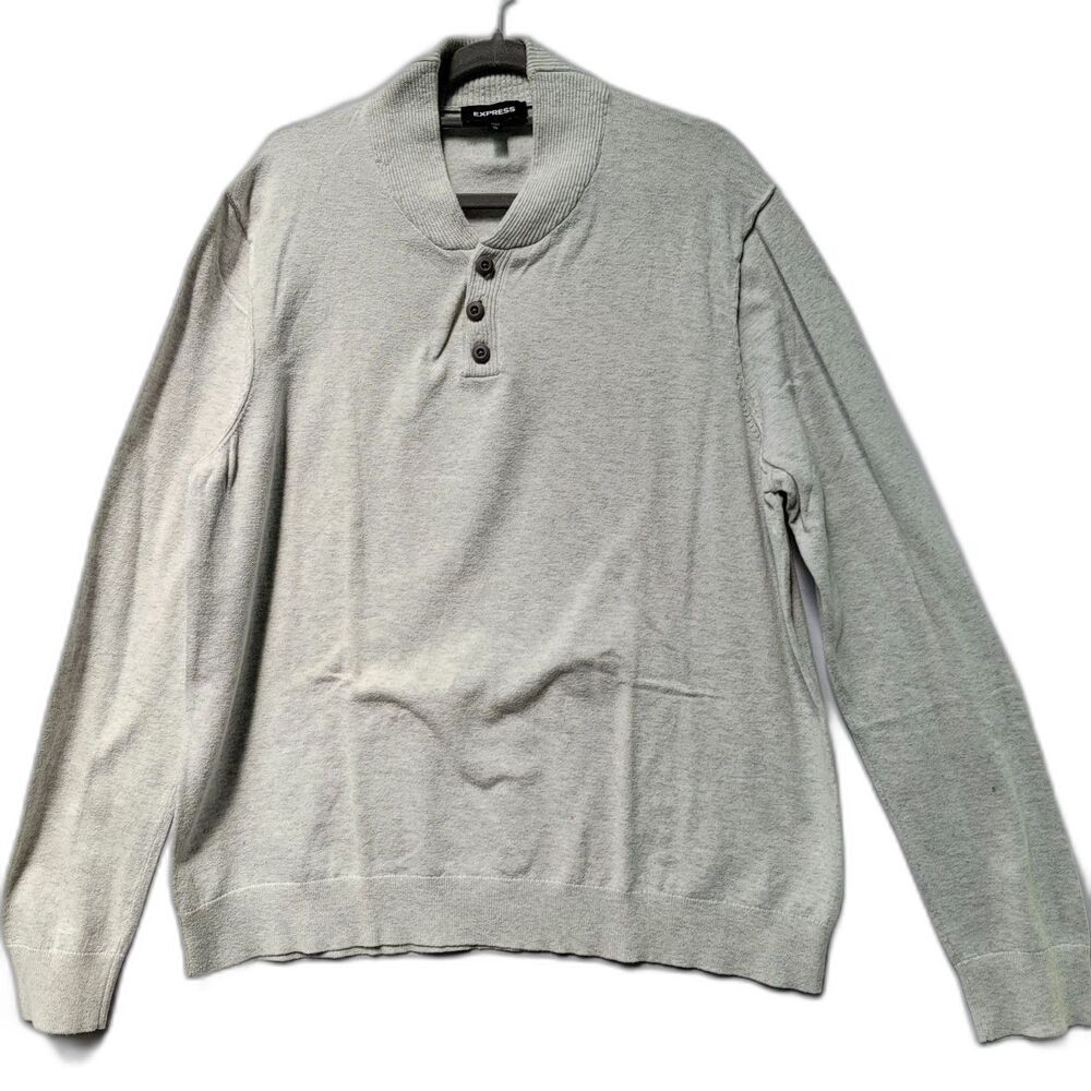 EXPRESS 100% Cotton Gray Henley Sweater Ribbed Cuff and Collar Size XL